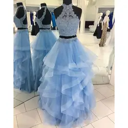 Мятно-синие 2 шт тюлевые платья для выпускного вечера с открытой спиной с высоким горлом Многоуровневое из тюля длинное вечернее платье 2019