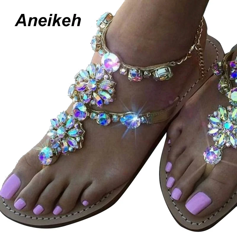 Aneikeh 2018 New Bohemian Women Sandals Crystal Flat Heel Sandalias Rhinestone Chain Women Shoes Thong Flip Flops Shoes Golden Aneikeh 2018 New Bohemian Women Sandals Crystal Flat Heel Sandalias Rhinestone Chain Women Shoes Thong Flip Flops Shoes Golden