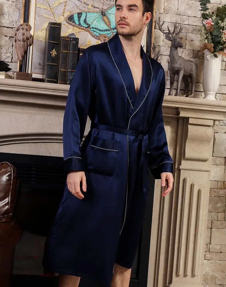 Cearpion, бренд, мужской халат, элегантный, Одноцветный, с длинным рукавом, для сна, натуральный шелк, халат, Мужская мягкая Ночная одежда, для отдыха, одежда для сна - Цвет: Navy Blue