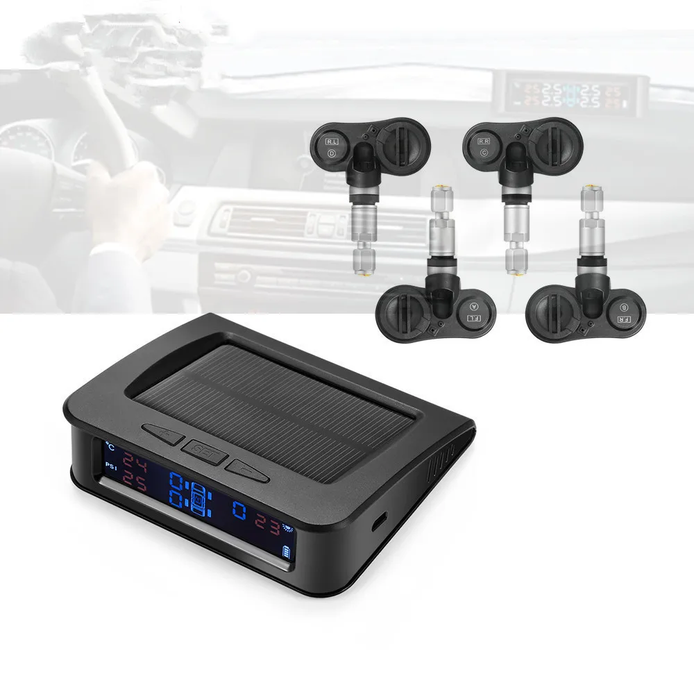 

C220 Car Tire Pressure Monitor System Solar Power TPMS Tire Data Detector Internal/External Sensors Security Alarm System
