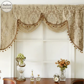 

Budloom luxury golden European style jacquard fringed window valance with attached sheer swag valance curtains for living room