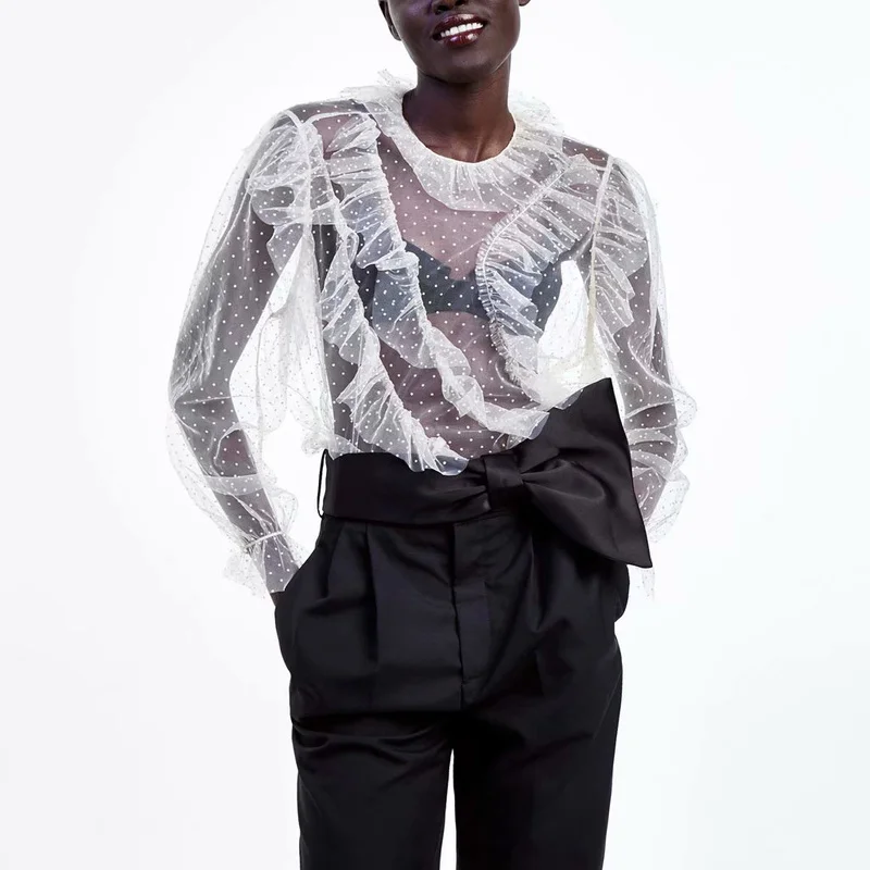 

ZA 2019 Summer New White Vision Mesh Shirt O-Collar Ruffles Shirt Women Blouse BM2183