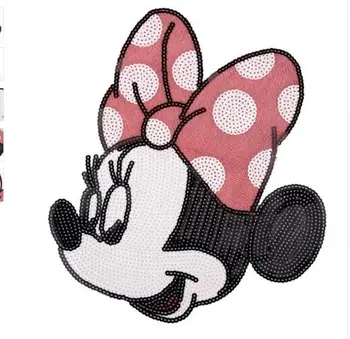 

DZ2pcs/lot Sequins Bow Minnie Mouse Ironon Patches for Clothes Jeans Big Motif Embroidery Applique Rat Sequined Patch Sewing DIY