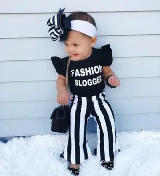 

2 pieces Ruffled Short sleeve Fashion Blogger Top and Stripe Pant Set For Toddler Girls Clothes