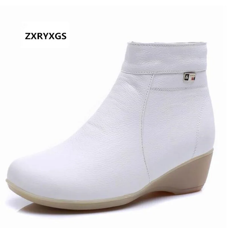 

Hot 2019 New Winter White Genuine Leather Boots White Work Shoes Woman Ankle Boots Cotton Shoes Warm Comfort Non-slip Snow Boots