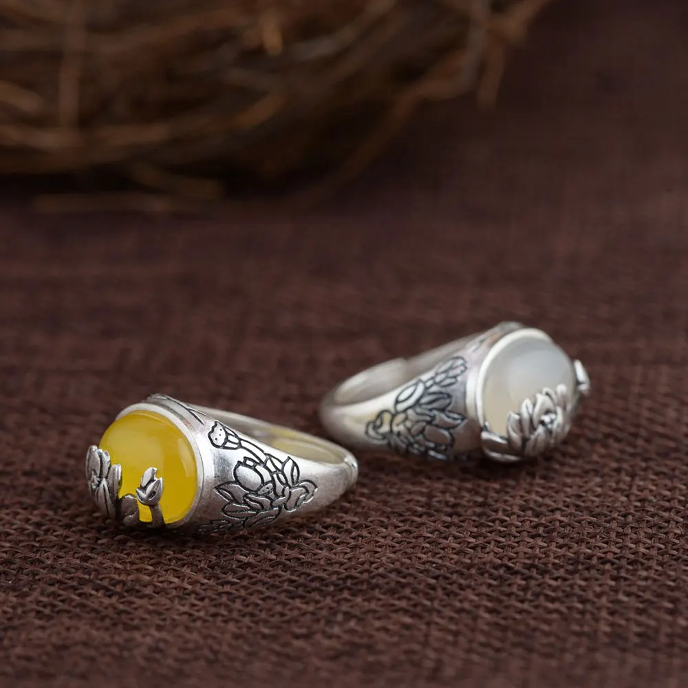 925 Серебряное кольцо в виде цветка, белый, желтый камень халцедона, Настоящее Серебро S925 пробы, тайское серебро, кольца для женщин, ювелирное изделие, регулируемый размер