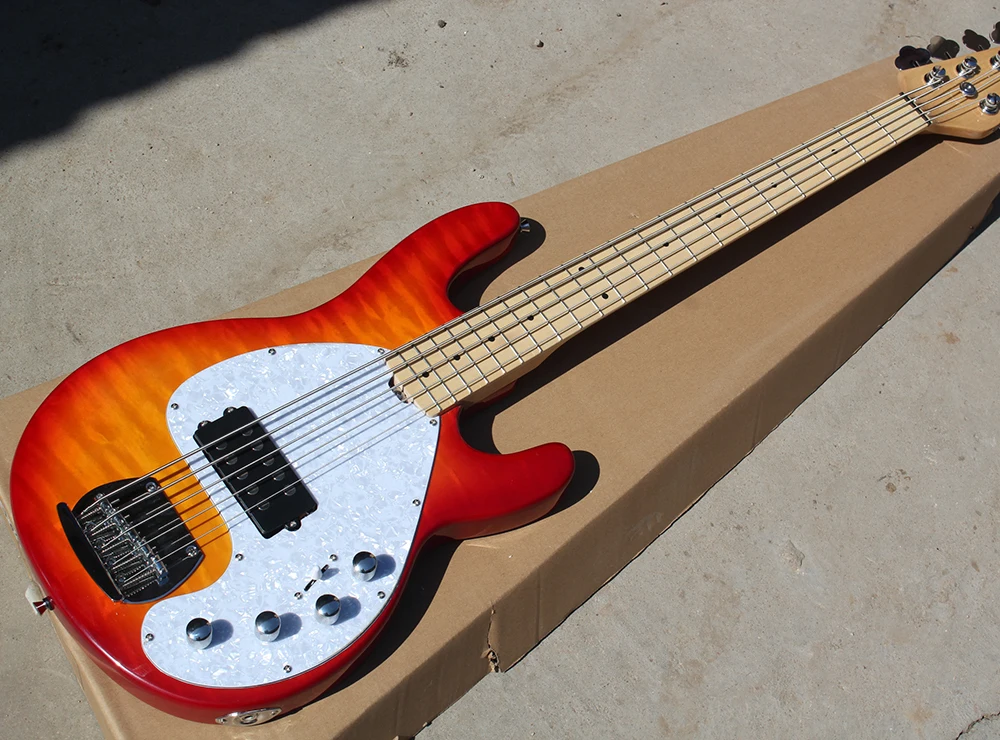 

Factory Cherry Sunburst 5-String Electric Bass Guitar with Flame Maple Veneer,White Pearl Pickguard,Can be Customized