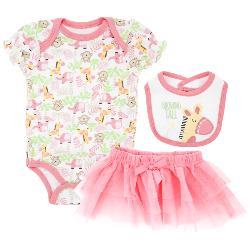 

Summer Baby Girl Bodysuit Set Cute Cartoon Newborn Baby Girl Jumpsuits Clothes 3pcs Set Infant Coveralls with Baby Bibs Skirt