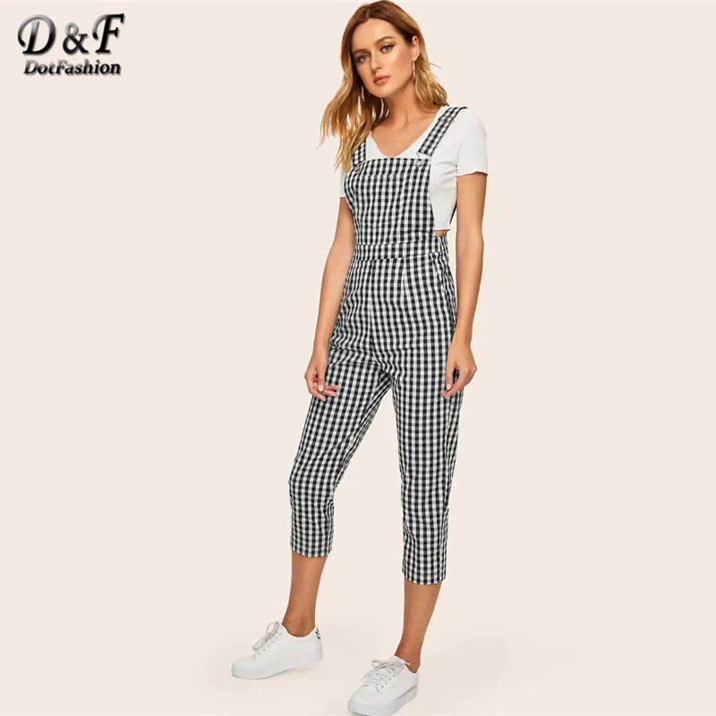 

Dotfashion Black And White Gingham Pocket Side Pinafore Jumpsuits For Women 2019 Spring Summer Preppy Straps Sleeveless Overalls