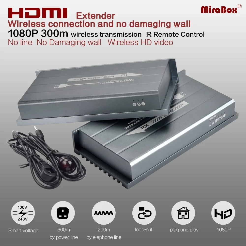 

MiraBox HDMI power line/phone line IR Extender support power line 300m telephone line 200m loop-out 1080p Wireless IR HD video