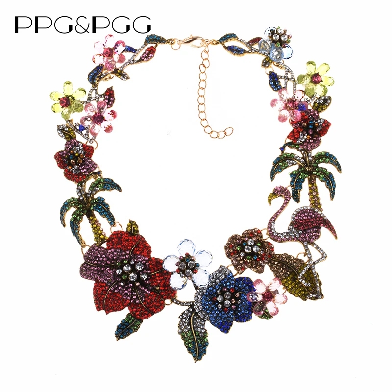 Разноцветные роскошные стразы, большое ожерелье-чокер, женское индийское массивное ожерелье ZA, Хрустальный цветок, фламинго, ожерелье, ювелирное изделие