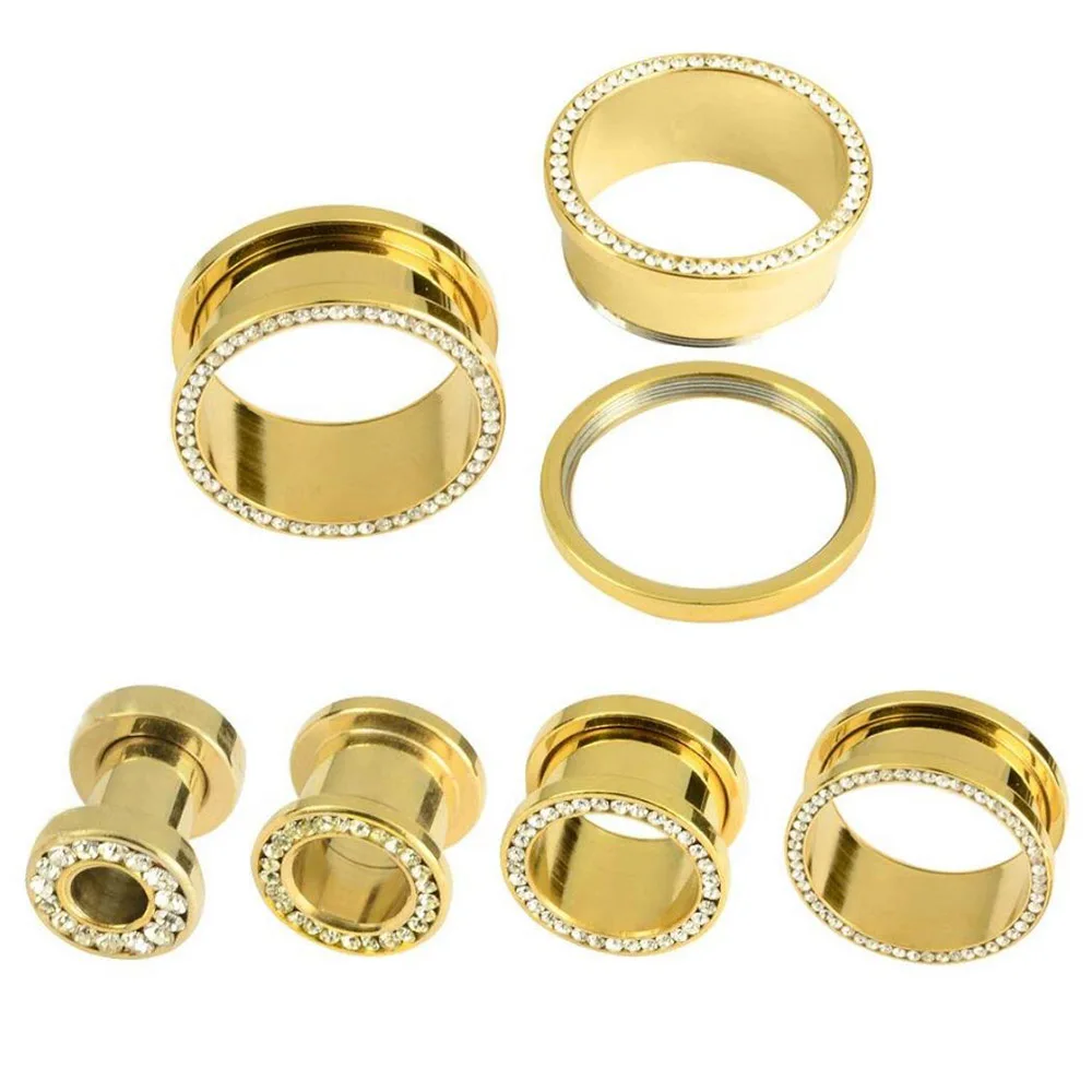 Wholesale Rim CZ Gem Stainless Steel Anodized Gold Screw Fit Ear Gauge Plugs Flesh Tunnels 80 Pieces 4mm-16mm SRP003 | Украшения и