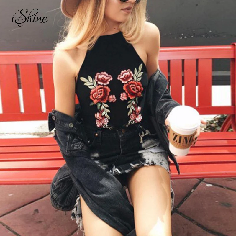 

Women Sexy Halter Strap Vest Short Tanks Floral Embroidery Rose Camisole 2017 Femme Strappy Camis Tanks Black Crop Tops Beach