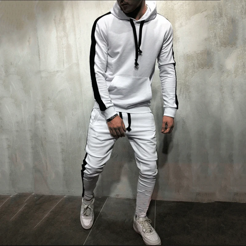 Спортивный костюм для мужчин, комплект из 2 предметов, брендовая осенне-зимняя толстовка с капюшоном+ штаны на шнурке, мужские полосатые Лоскутные толстовки - Цвет: White