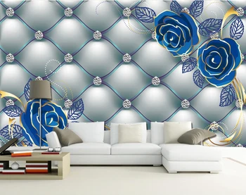 

Wholesale European style murals 3D wall photo mural blue rose soft bag diamond wallpaper murals TV sofa wallcovering mural