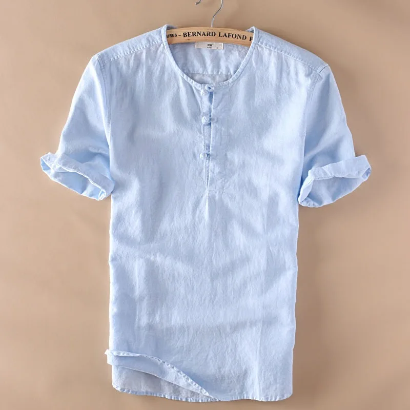 Mens Pullover Linen Shirts Short Sleeve Summer Breathable Men Quality Casual Shirts Slim fit