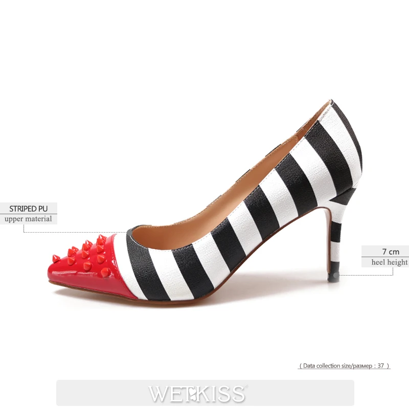 stripe 7cm WETKISS/женские вечерние туфли-лодочки на высоком каблуке 12 см, с заклепками и острым носком обувь с открытым носком в стиле зебры женские весенние туфли г. 34-45 - Цвет: stripe 7cm