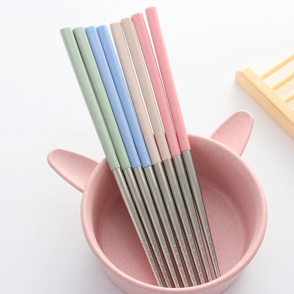 

1 Pair 304 Stainless Steel Chinese Chopsticks Wheat Straw Handle Picnic Travel Chopsticks Reusable Portable Dinnerware For Sushi