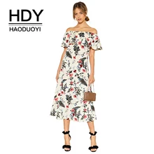 HDY Haoduoyi, сексуальное богемное платье до середины икры с цветочным принтом и рюшами, Элегантное летнее платье в стиле ретро с открытыми плечами, вечерние, пляжные, длинные платья