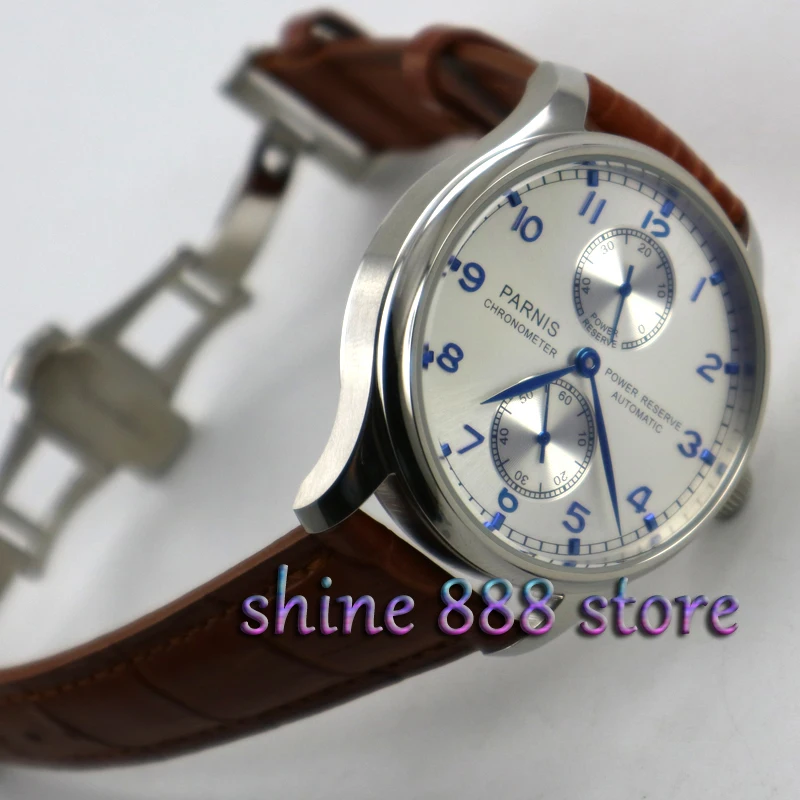 

Parnis 43mm Power reserve White dial Brown strap deployant clasp ST2542 Automatic movement Men's watch
