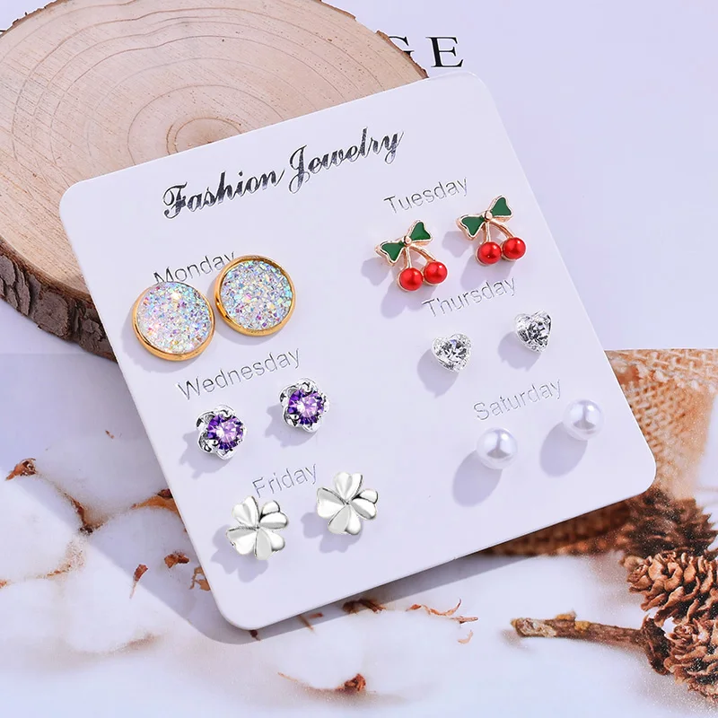 

Free Fan Hot 6 Pair/Set One Week Cubic Zircon Stud Earrings For Women Crystal Pearl Korea Earrings Accessories Brincos