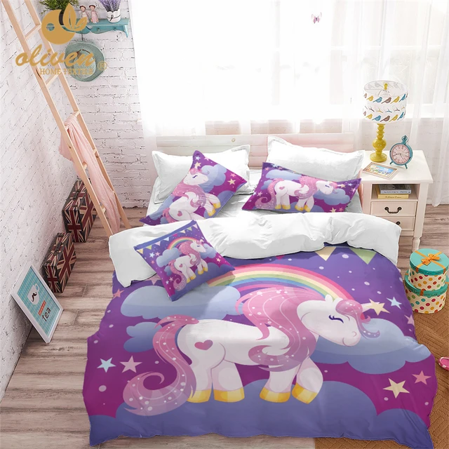 Unicorn Bedding Set Ungu Desainer Duvet Cover Kartun Rainbow Hewan