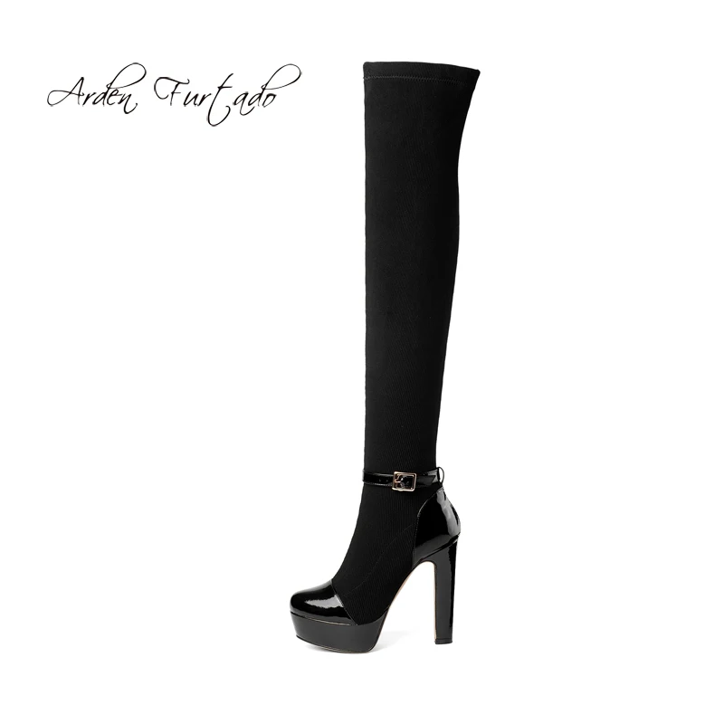 

Arden Furtado 2018 autumn winter chunky heels over the knee brown platform Stretch thigh boots women's shoes high heels 12cm new