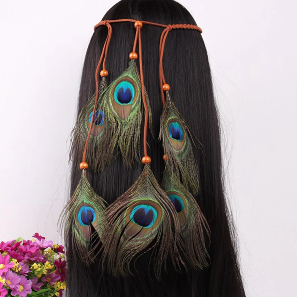 Новое поступление, Женская цветная головная повязка с бусинами, богемные индийские перья павлина, Кожаные Подвески, аксессуары для волос, Женская повязка для волос