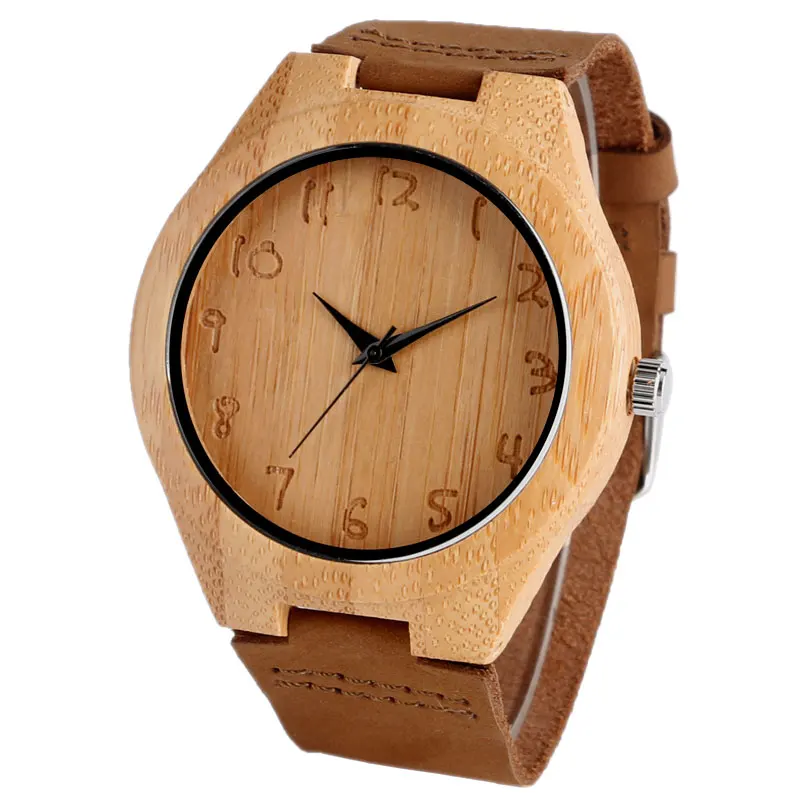 Simple Bamboo Wooden Watch Men's Handmade Engraved Arabic Numbers Novel Fashion Sport Clock Male Genuine Leather Souvenir Gifts 2018 (3)