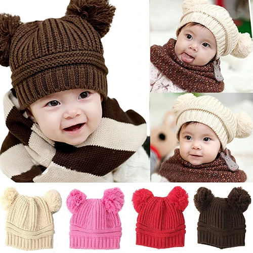 New Fashion Baby Girls Boys Kids Cute Dual Ball Knit Sweater Cap Winter