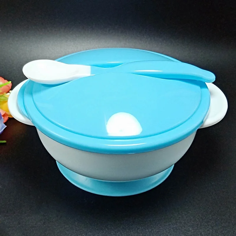 Детская посуда на присоске, миска на присоске для кормления детей, обучающая тарелка для малышей, ложка, подарок, противоскользящая посуда, обучающая - Цвет: BL