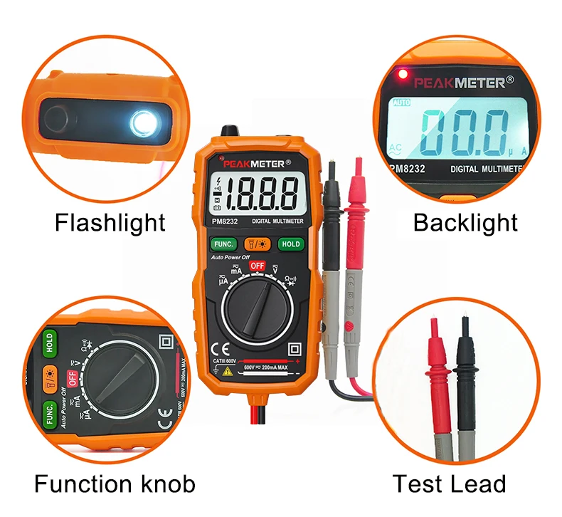 Официальный PEAKMETER, новинка, Лидер продаж, Бесконтактный Мини цифровой мультиметр, DC AC напряжение, ток, тестер PM8232 амперметр, мульти тестер