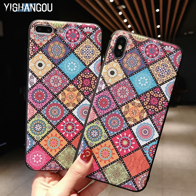 

YISHANGOU Square Manada Pattern Case For iPhone 7 8 6 6s Plus Soft Silicon Protective Back Cover For iPhone X Xr Xs Max Coque