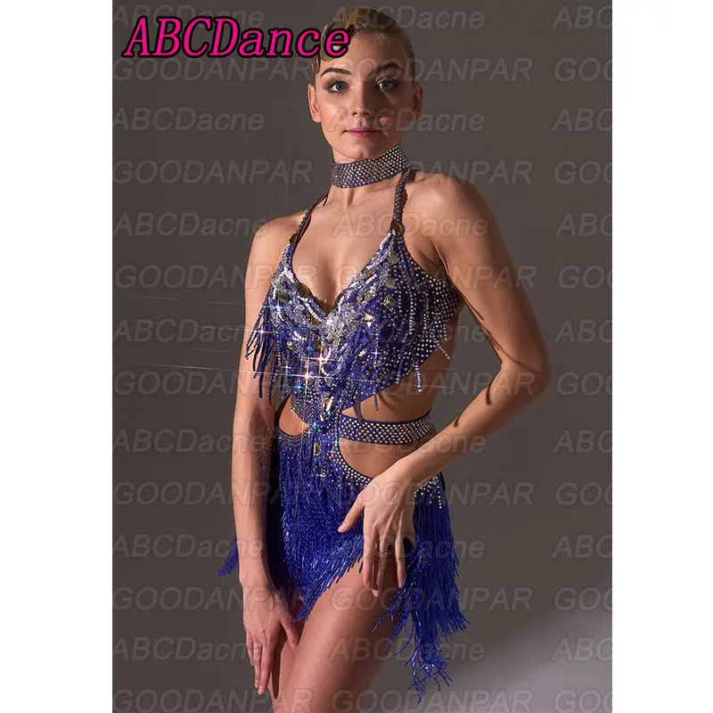 Конкурс латиноамериканских танцев платье Синий бальное платье для танцев с Бусины из стекла и сексуальным вырезом на спине и Румба ча-ча Foxtr Танцы платье