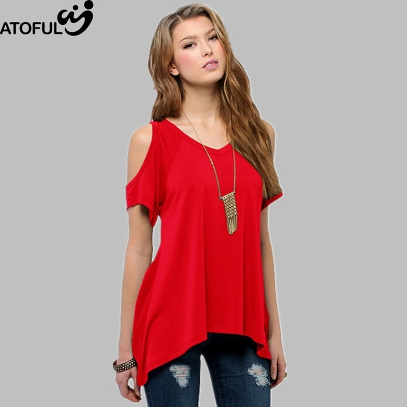 ATOFUL Summer Fashion Cotton T Shirt Women Solid Color V Neck Short