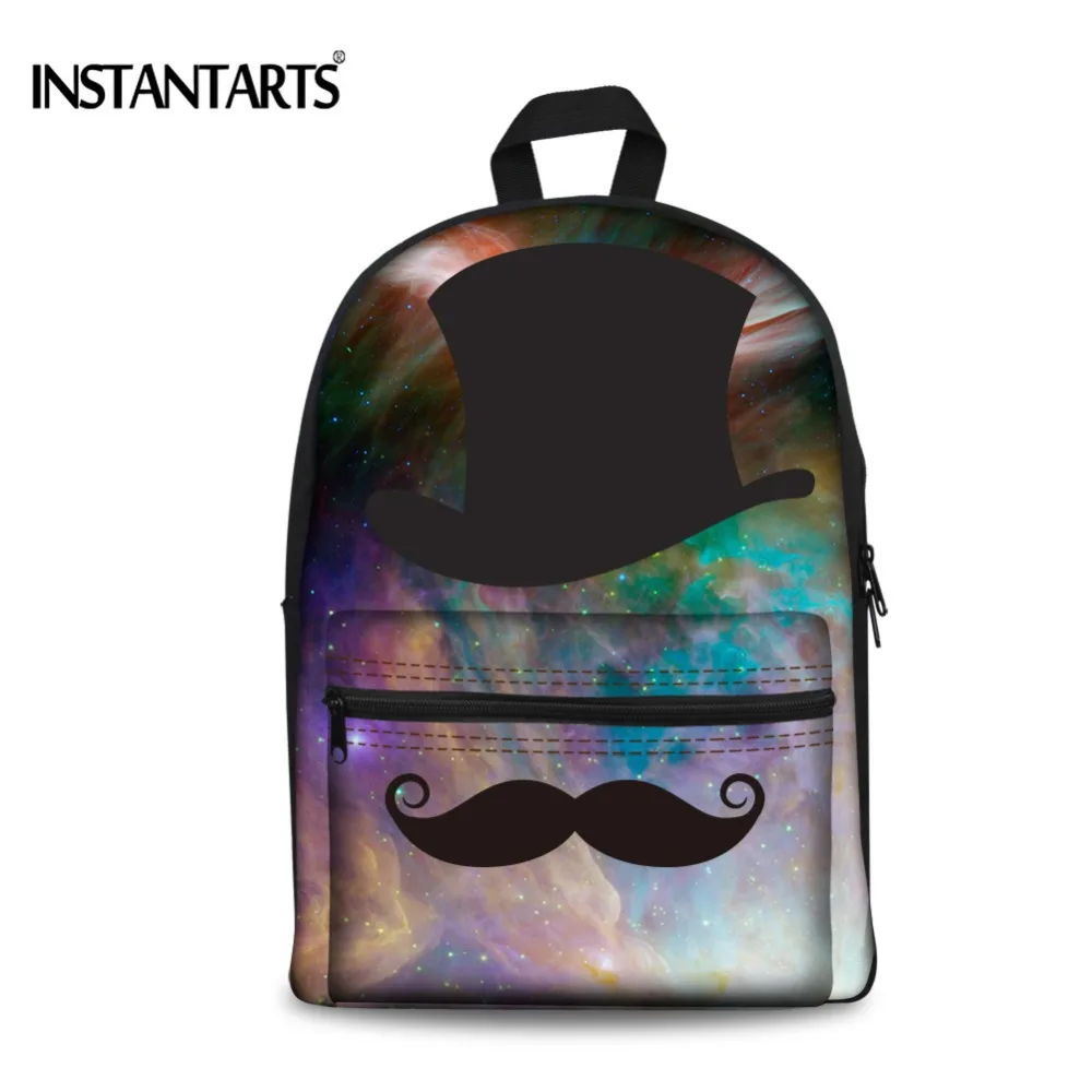 INSTANTARTS Galaxy Stars Universe Space Printing Canvas Backpacks Black Mustache Women Daypacks Middle School Students Rucksack