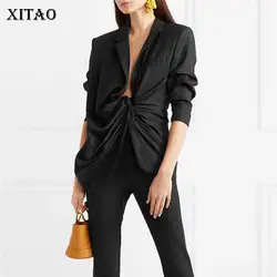 XITAO плиссированная Оболочка Тонкий Блейзер Корея Мода Новый женский черный карман однобортный неправильный элегантный дикий Джокер WLD2231
