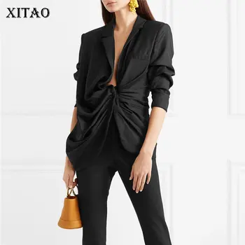 

XITAO Pleated Sheath Slim Blazer Korea Fashion New Women Black Pocket Single Breasted Irregular Elegant Wild Joker WLD2231