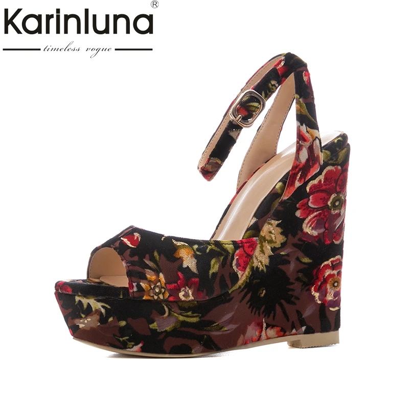 

Karinluna 2018 Large Size 34-41 Wedge High Heels Women Pumps Woman Buckle Strap Peep Toe Platform Shoes Woman Wrapped Pumps