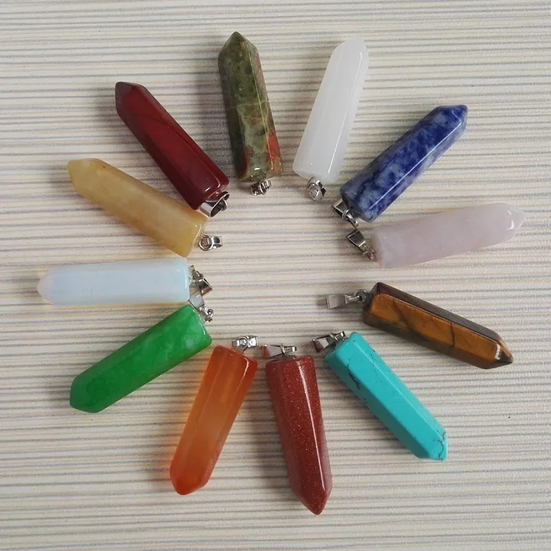 

Wholesale Natural Stone crystal pillar Pendants stone mixed Point Charms pendant Necklace 12pcs/lot fashion Free shipping