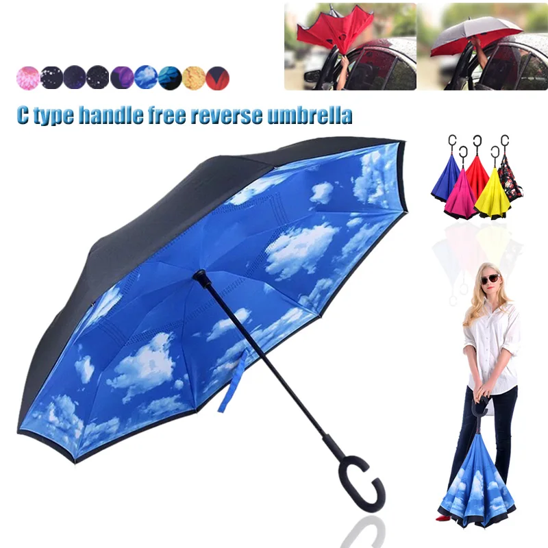 

Creative Umbrella With C Shaped Handle Reverse Folding Inverted Double Layer Windproof Rain/UV/ Wind Umbrellas F