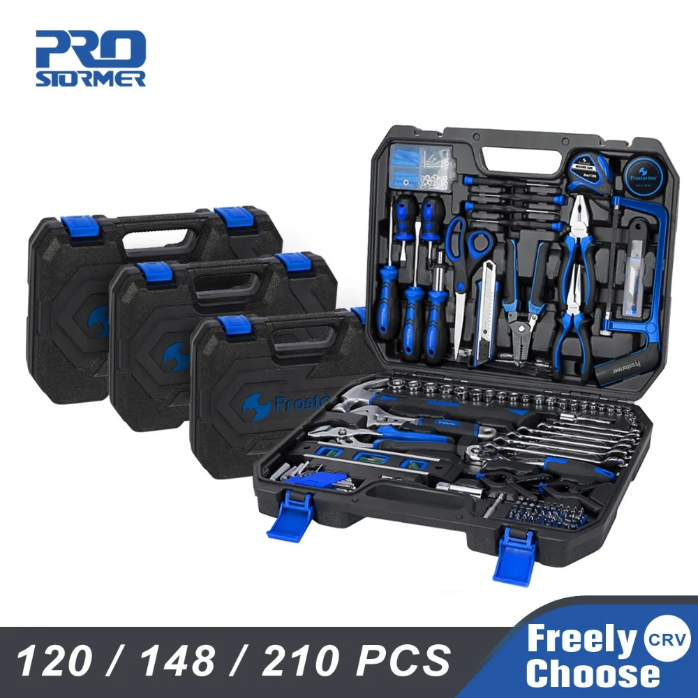 

Prostormer Hand Tool Set 120/148/210 Pcs Household Combination Toolbox Socket Wrench Screwdriver Knife with Plastic Storage Case
