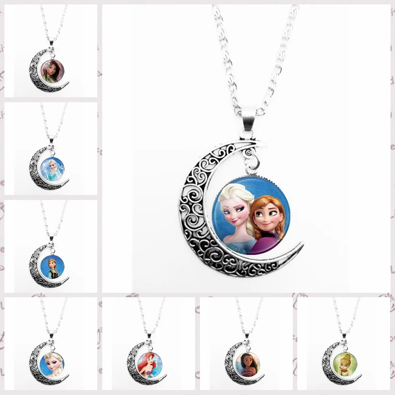 

2018 New Dome Glass Karaoke Princess Anna Snow Queen Pendant Moon Chain Cute Girl Necklace Private Custom