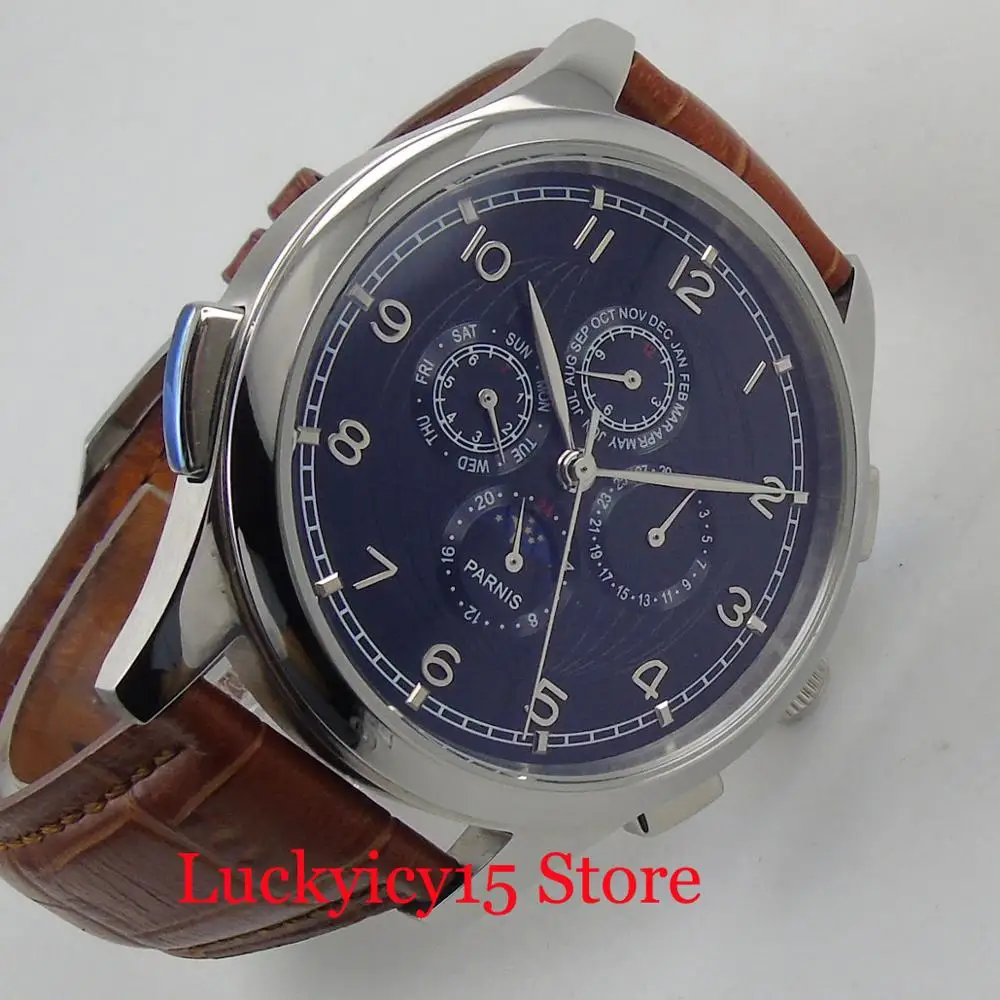  PARNIS Classic Style Men's Watch With Month and Week Function Brown Leather Strap 44mm Automatic Wa
