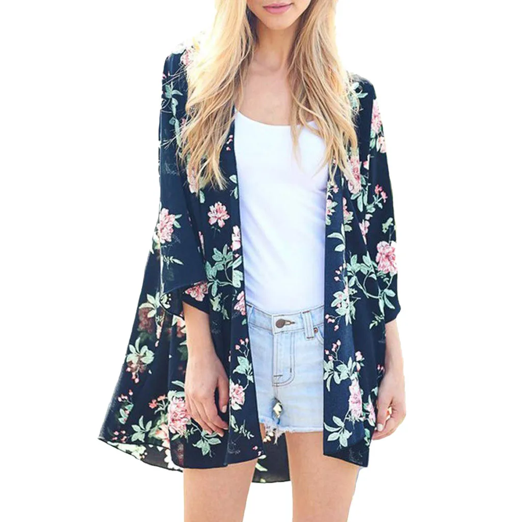 

Feitong Large Size Floral Tunic Shirt Women Chiffon Floral Print Kimono Cardigan Batwing Sleeve Cover Up Blouse camisa feminina