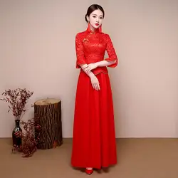 Невеста Кружева Традиционный Cheongsam Красный Китайский Платье Женщин Современный Qipao Свадебное Платье Orresses Халат Chinoise Femme Ци Пао TSHN