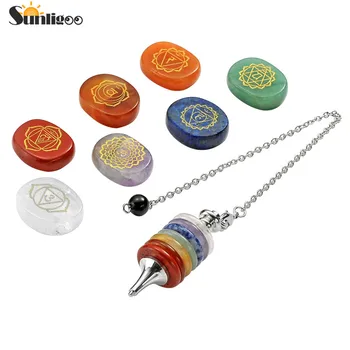 

Sunligoo 7 Chakra Healing Crystals Dowsing Pointed Pendulum Chakra Symbol Oval Worry Palm Stones Therapy Gemstones Healing Kit