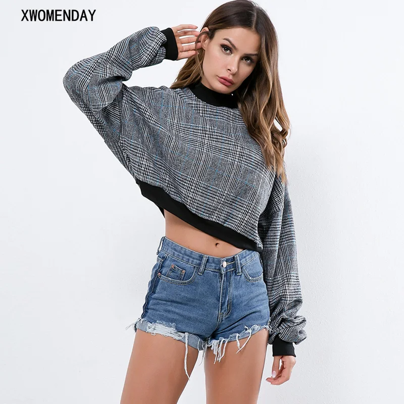 

Plaid Printed Hoodies Sweatshirts Harajuku O Neck Women Short Hoodie 2019 New Spring Long Sleeve Loose Pullovers Jumper