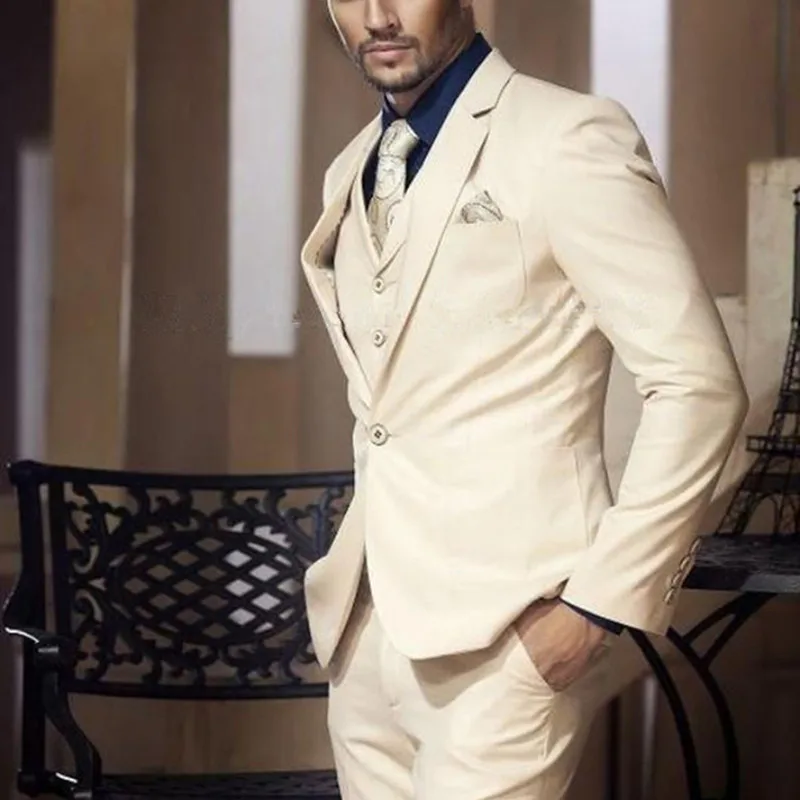 

(Jacket+Vest+ Pant) Men Suits 2017 Plus Size Wedding Suits for Men Business CUSTOM MADE Slim Fit Men Dress Suit BEIGE XS-6XL