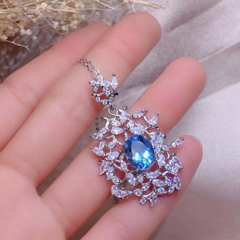  Pendentif en topaze bleue naturelle pendentif en pierres précieuses naturelles S925 argent rétro pe